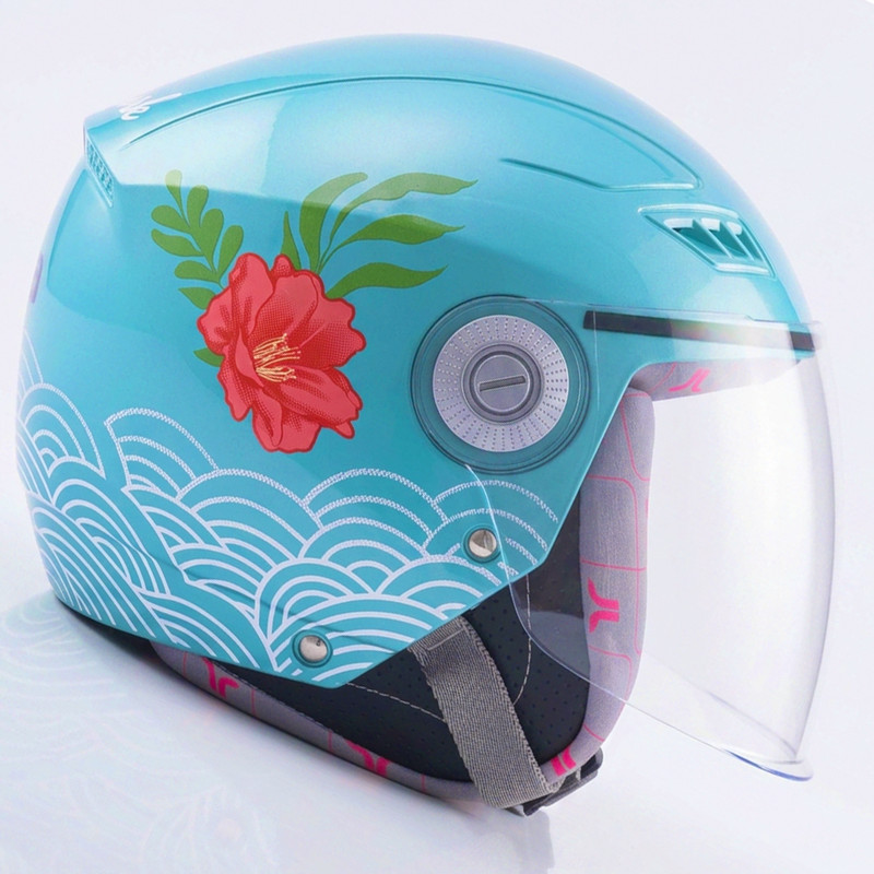 TVARRA Lilt Open Face Aqua Blue Women's Helmet, Medium, Printed Design, ISI certified Motorbike Helmet(Aqua Blue)