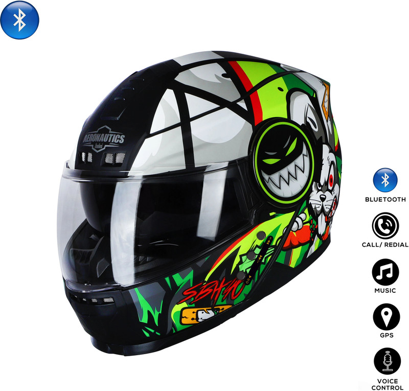 Steelbird Crazy Doe Bluetooth Full Face ISI Certified Helmet for Men with Inner Sun Shield Motorbike Helmet(Glossy Black Green)