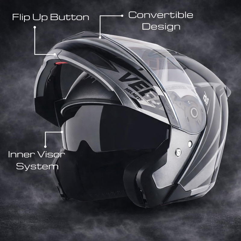 VEGA Spike DV Timeless Flip-Up Glossy Grey Black Medium Motorbike Helmet(Grey Black)