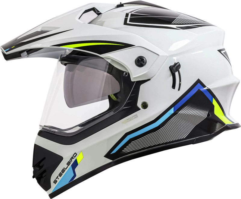 Steelbird Racer Off Road ISI Certified Motocross Double Visor Full Face Graphic Motorbike Helmet(Glossy White Neon)