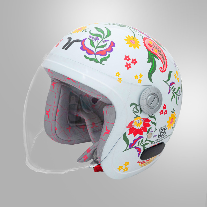 TVARRA Flora Open Face Women's Helmet, Small, Printed Design, ISI & DOT(USA) Certified Motorbike Helmet(Pearl White)