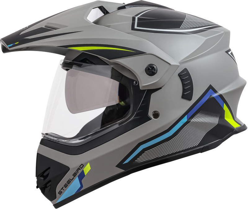 Steelbird Racer Off Road ISI Certified Motocross Double Visor Full Face Graphic Motorbike Helmet(Glossy Grey Neon)