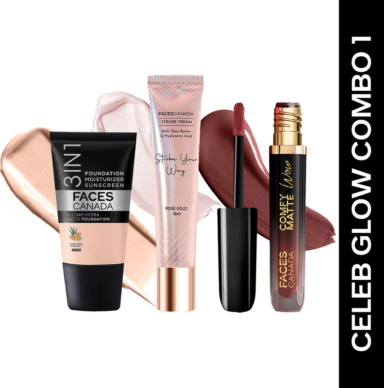 FACES CANADA 3in1 Foundation(18ml)+ Comfy Matte Wow Lipstick(3.8ml)+ Strobe Cream(18ml) Dewy Highlighter(39.8 ml, Absolute Ivory + Choco Couture + Rose Gold)