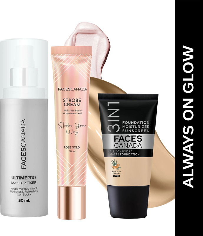 FACES CANADA Hydra Matte Foundation (18ml) + Strobe Cream (18ml) | Lightweight | Glowy Makeup Highlighter(36 ml, Absolute Ivory 012 + Rose Gold)