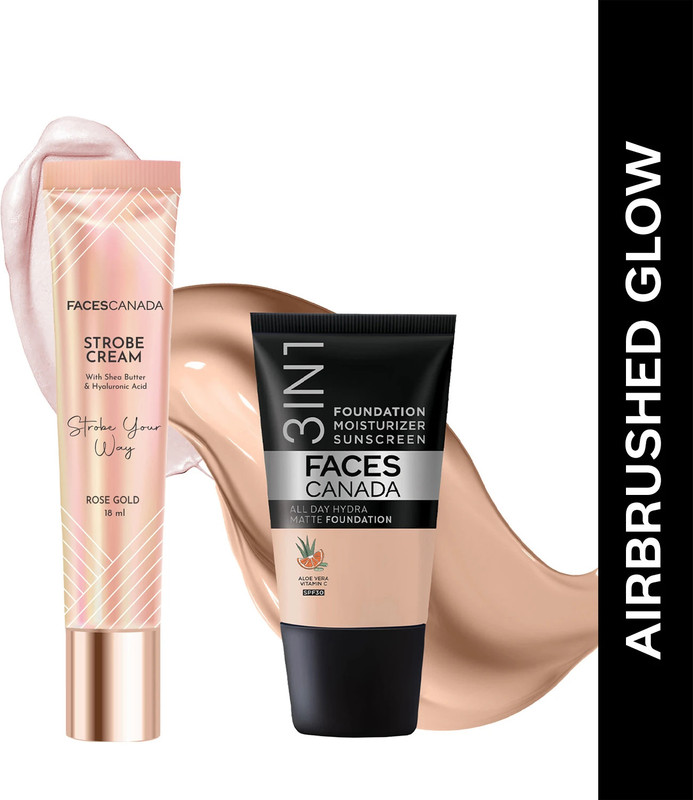 FACES CANADA Hydra Matte Foundation (18ml) + Strobe Cream (18ml) | Lightweight | Glowy Makeup Highlighter(36 ml, Absolute Ivory 012 + Rose Gold)