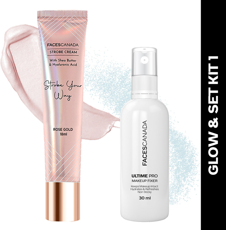 FACES CANADA Glow & Set Kit | Makeup Fixer Mini (30ml) & Strobe Cream Mini (18ml) Glowing Highlighter(48 ml, Rose Gold)