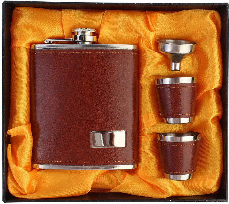 HOKiPO 7 Oz/207 ml Hip Flask , 2 Shot Glasses and Funnel (Brown) Stainless Steel Hip Flask(207 ml)