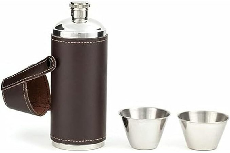 EMERGE Premium Stainless Steel 304 Hip Flask Set - 250ml Black Leather Wrapped STAINLESS STEEL 304 Hip Flask(250 ml)