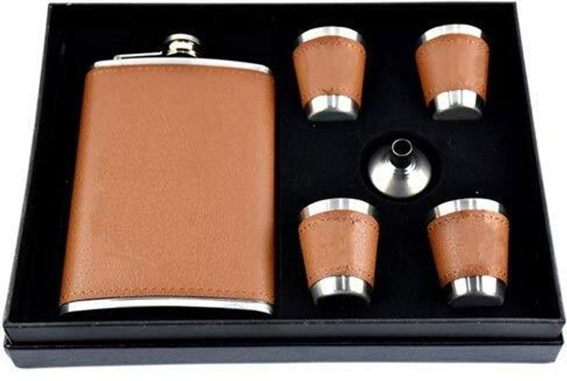 Estervig Hip Flask 8 Oz with Funnel and 4 Shot Glasses Liquor Drink Pocket Flask Gift Set Leather-Wrapped Stainless Steel Hip Flask(236 ml)