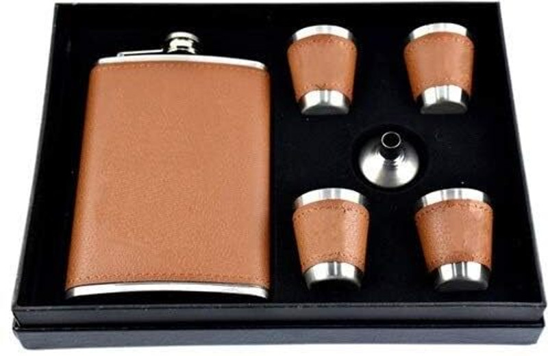 DIVYAMSHOPEE Luxury 8oz Stainless Steel Hip Flask Set with Leather Wrap & 4 Shot Cups Stainless Steel Hip Flask(30 ml)