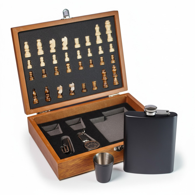 MOSHTU Stainless Steel Hip Flask Chess Set with Wooden Chess Box, Glasses & Spoons Stainless Steel Hip Flask(235 ml)