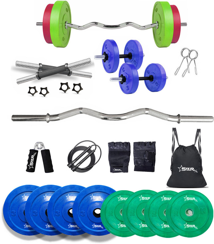 STARX 40 kg Multi Color 100% Rubber Plates With 3Feet Curl Rod 23mm for Use of Home Gym Combo