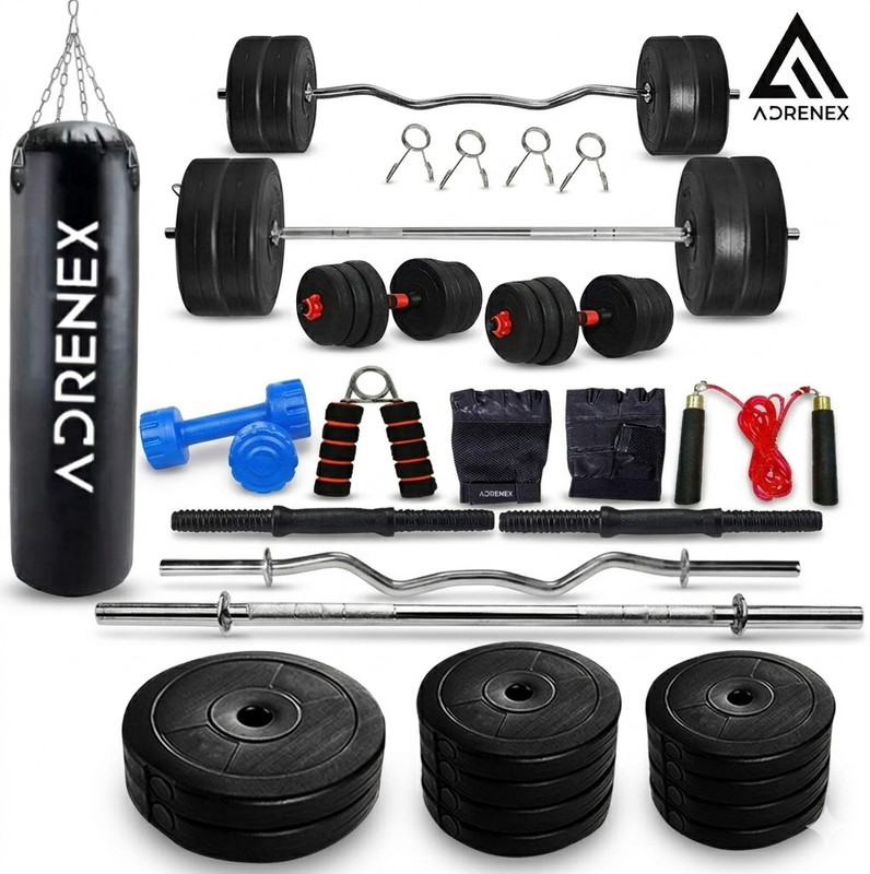 STARX 50 kg with 3FT Curl and 5FT Straight Rod Unfilled Punching Bag & PVC Dumbbells Home Gym Combo