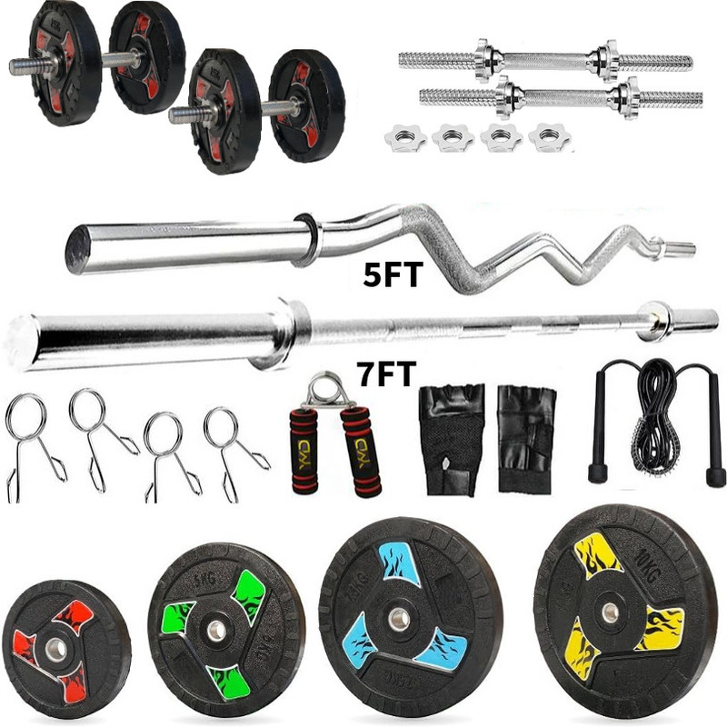 YMD 60 kg Premium Fan Rubber Plates 2.5KGx4Pc,5KGx6Pc,10KGx2Pc 5FT Curl 6FT STRT 28MM Rod Home Gym Combo