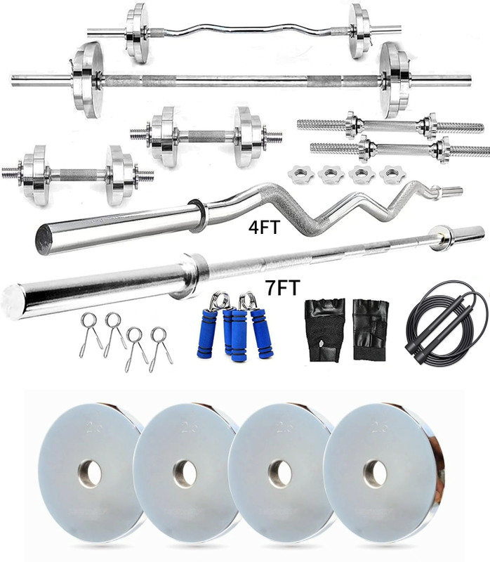 YMD 40 kg Steel Plates (2.5KGX4Pc, 5KGX6Pc) 4FT Curl & 7FT Straight 28mm Rods Full Combo Home Gym Combo