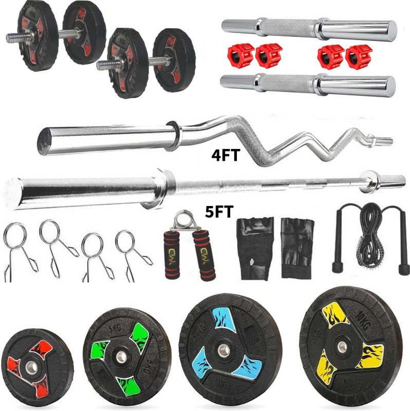 YMD 10 kg Premium Fan Rubber Plates (2.5KGx4Pc) 5FTCurl 7FTSTRT 28MM Rod & Clamps Home Gym Combo