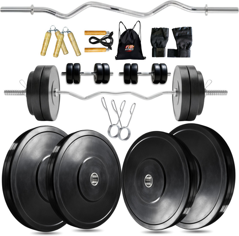 FIRE FITNESS 10 kg Gym Set Premium Rubber Weight Plate 10kg Combo with Steel Dumbbell & Accessories Home Gym Combo