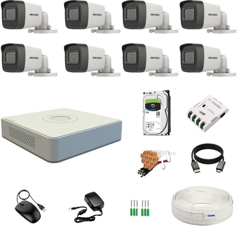 Clocite HIKVISION 5MP 8 Bullet Cameras (Audio Recording) + 8CH 3K/5MP DVR Kit Security Camera(2 TB, 8 Channel)