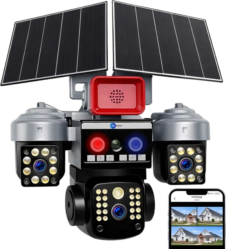 Maizic Smarthome Batman Siren 4G Dual Solar Panel Outdoor CCTV | Triple Lens 5MP×3 UHD |360° View Security Camera(1 Channel)