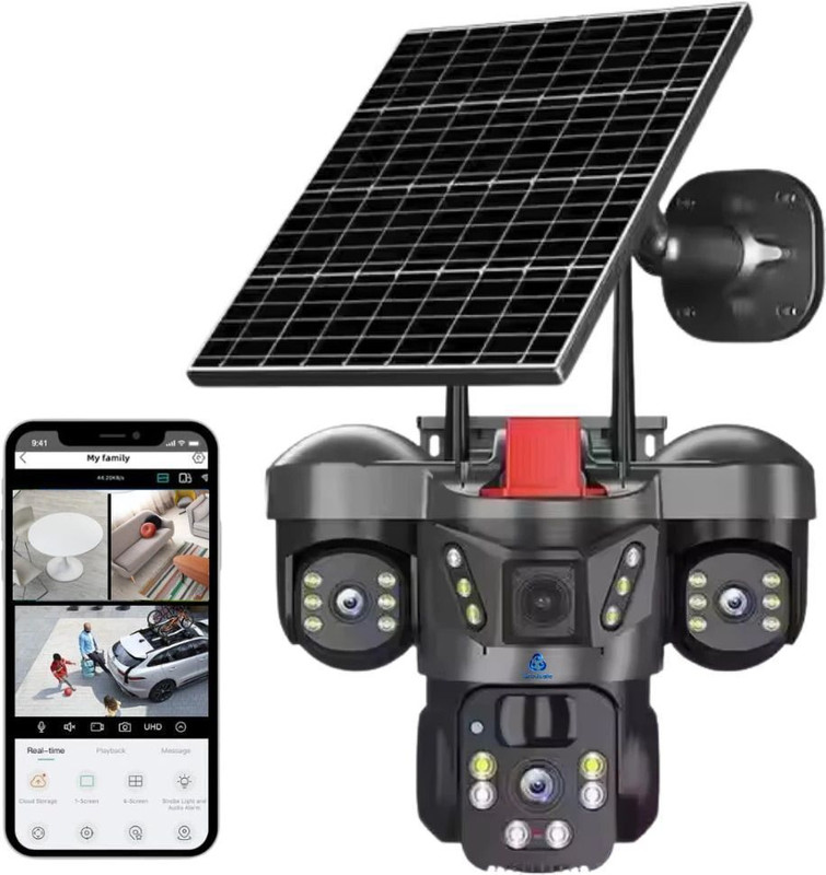 Grousale 4G Solar Triple Lens 5MP Outdoor CCTV Camera | 3-Screen View Security Camera(SD Card Support: UP to 128 GB, 1 Channel)