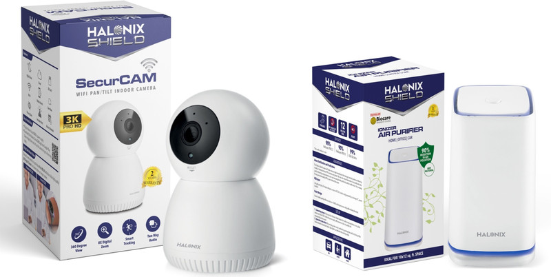 HALONIX Wi Fi, 3MP HD,Pan/Tilt, Night vision, Intruder alert, Combo Ionizer Air Purifier Security Camera (128 GB)