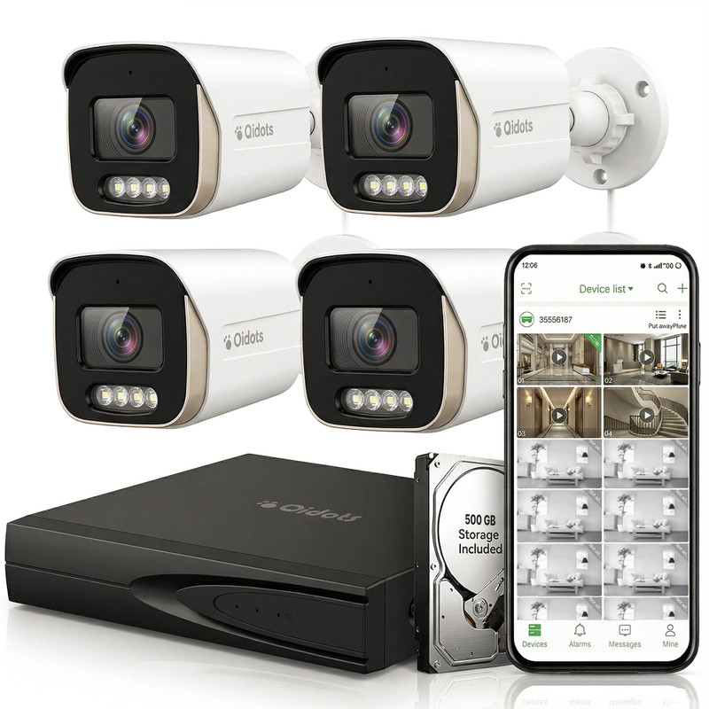 Qidots 4Ch 4K 8MP CCTV Kit, 4 IP Bullet Cameras, NVR 4+2 PoE, 500GB HDD (No Wire) Security Camera(500 GB, 4 Channel)