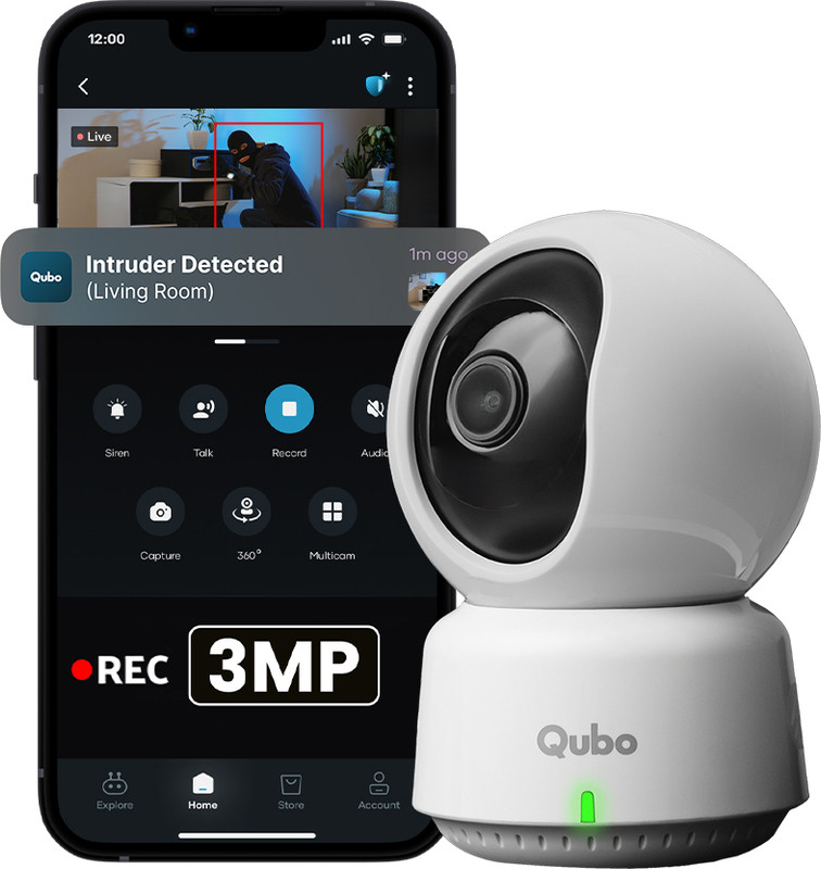 Qubo Smart 360 2K Wi-Fi| 3MP | AI App Alerts | Alarm | Cloud+SD Storage Security Camera(1 Channel)