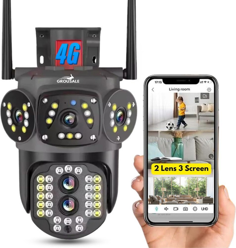 Grousale 4G/5G UHD 5+5MP Pan/Tilt Dual Lens/Triple Screen View Zoom Outdoor CCTV Security Camera(1 Channel)