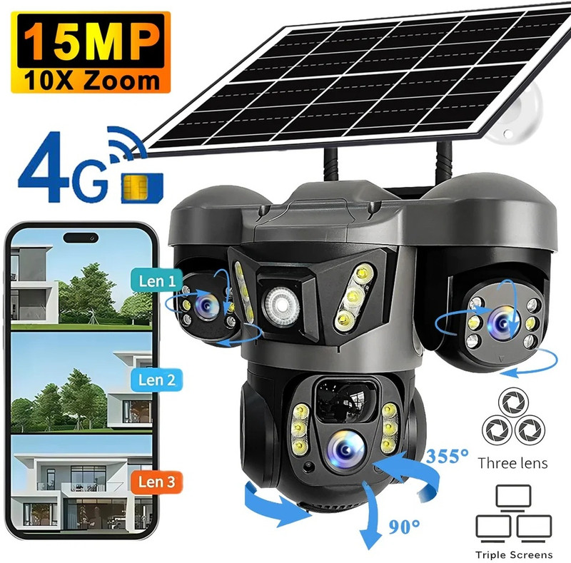 Cxoen SIM Camera Solar Powered 1080p HD PTZ 3 Lens 10X Zoom TwoWay Audio Night Vision Security Camera(128 GB, 1 Channel)