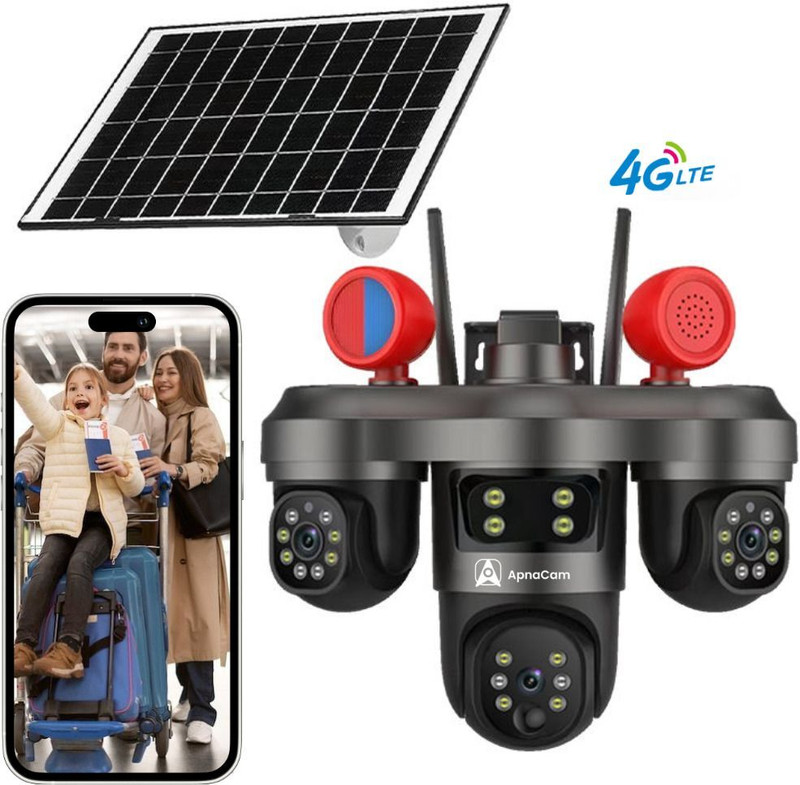 ApnaCam 8MP 4G Sim 3 Lens PTZ Camera 360°View Ai Tracking Waterproof Solar Powered Security Camera(128 GB, 3 Channel)