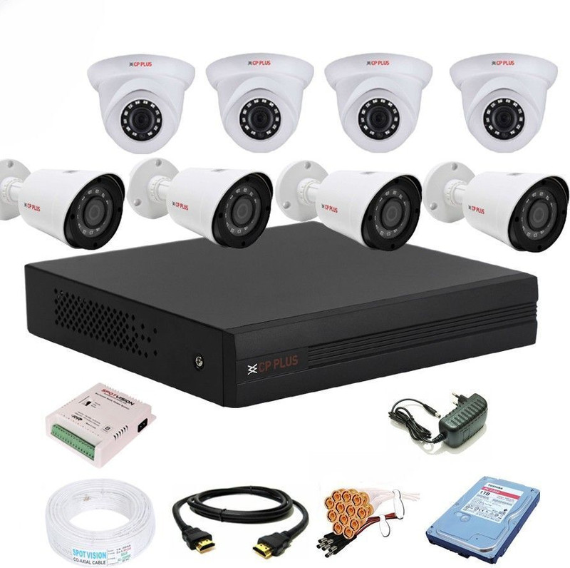 CP PLUS 8 Channal 5 MP H.265+ HD DVR 1Pcs,Outdoor Camera 5 MP HD 4Pcs,Indoor Camera 5 MP HD 4Pcs,1 TB Surveillance Hard Disk,Full combo set Security Camera(1 TB, 8 Channel)