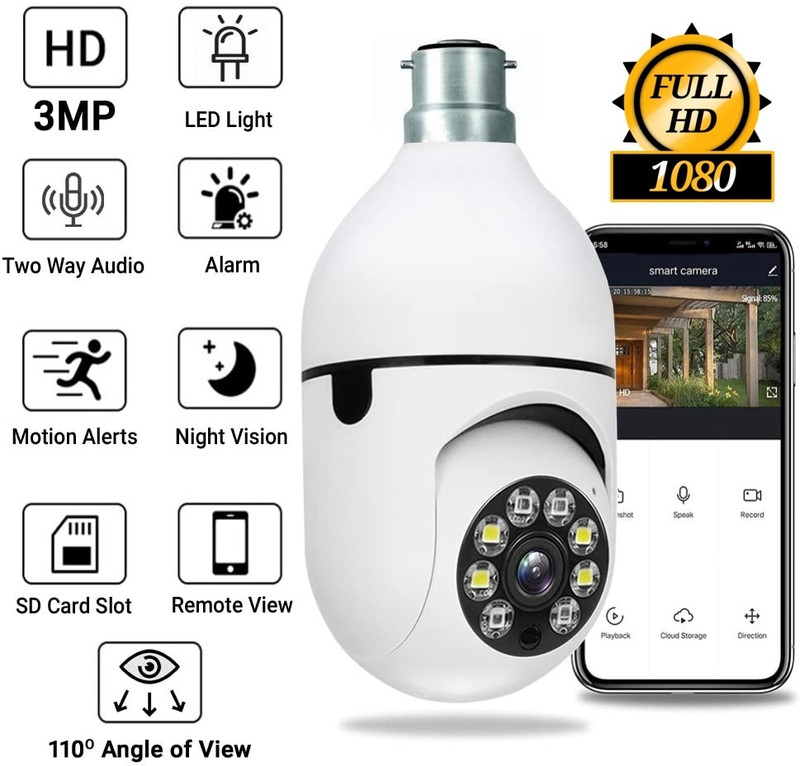 Bzrqx PTZ Bulb IR WiFi 1080P HD Camera 2Way Audio Mobile Live View Color Night Vision Security Camera(128 GB, 1 Channel)