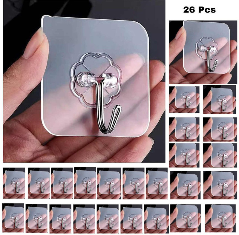 HOMEAKER Heavy Duty Transparent Self-Adhesive Wall Hook, Strong Magic Sticker Wall Hanger Hook 26(Pack of 26)