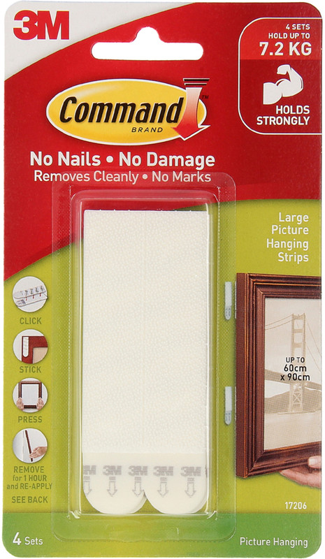 Command 3M Large Picture Hanging Strips, Holds upto 7kg, Self Adhesive, 4 Pairs Hook 1(Pack of 1)