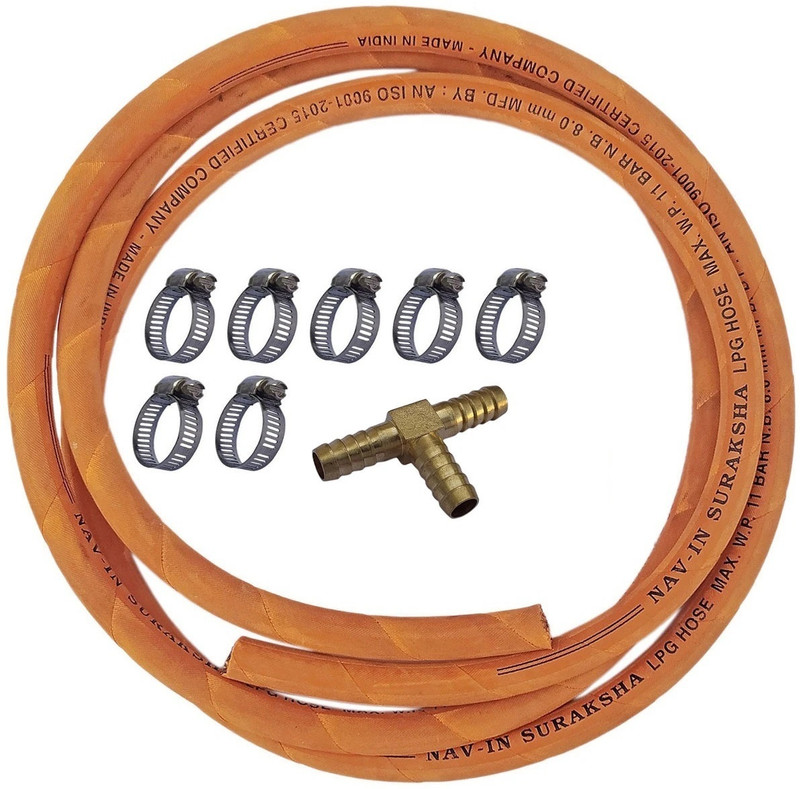 ESEKSAFAR Heavy duty LPG Gas Pipe 3 meter with 7pc Clamps & 1pc Three Way Brass Connector Three Layer wire Gas Hose Pipe(300 cm)
