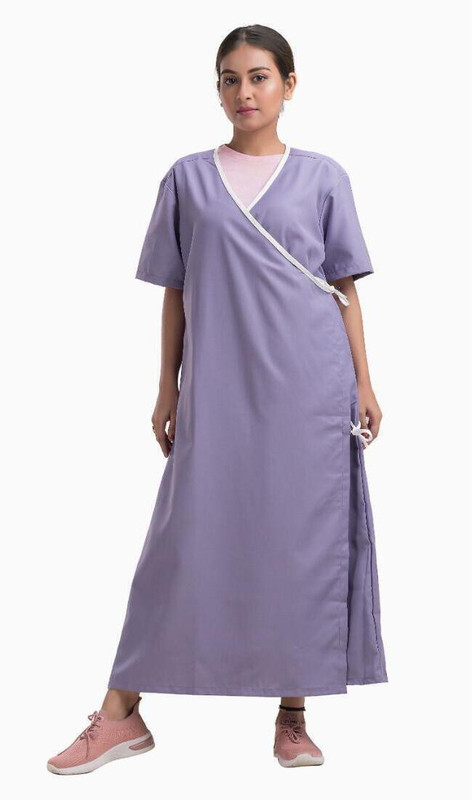 Hospriqs Unisex Reusable Poly-Cotton Patient Gown- Front Open Overlap Tie-Type Plain-XXL Gown Hospital Scrub(Purple XXL)