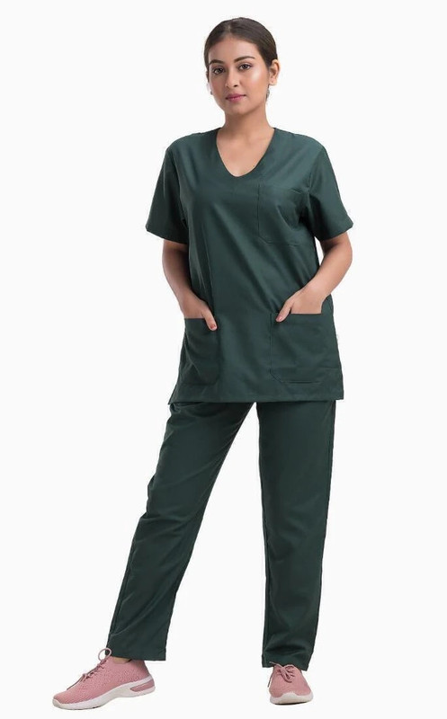 Hospriqs PolyCotton Professionals Unisex V-Neck Scrub Dress With 3 Pockets (XXL) Shirt, Pant Hospital Scrub(Bottle Green XXL)