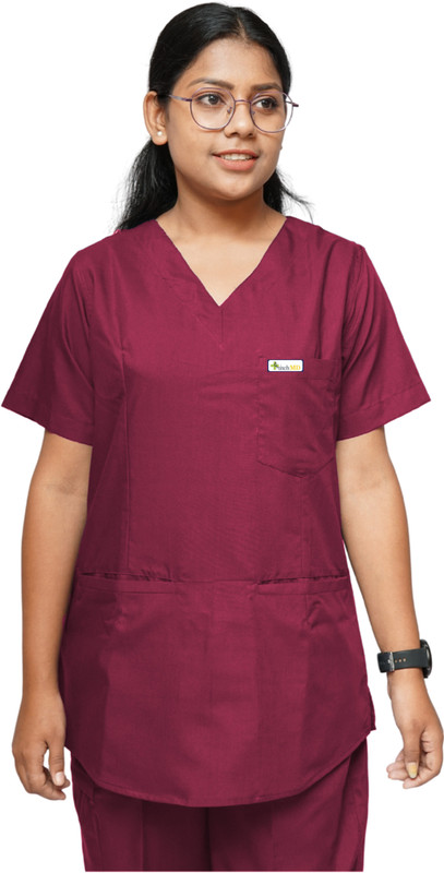 StitchMD V-Neck Plain Women's Scrub Top with 3 pockets Shirt Hospital Scrub(Maroon L)