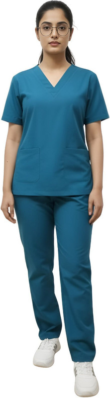 Design My Dress Bharat Medical Scrubs Women V Neck T-Shirt Pant Hospital Scrub(Teal Dark Blue XS)