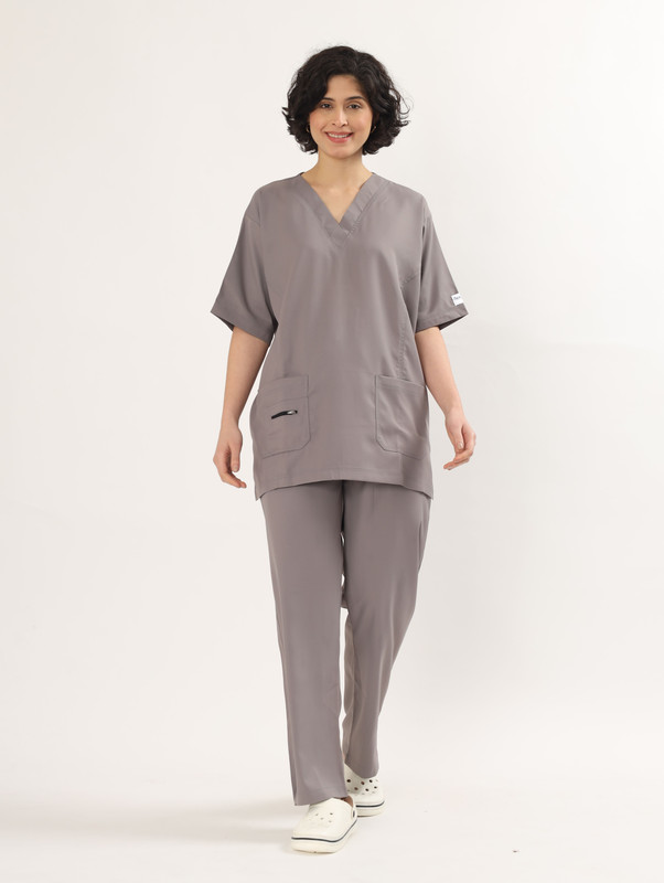 nextZ Premium Line Women’s Medical Scrub Suit Set | Stretchable Fabric | Pant, Shirt Hospital Scrub(V-Neck | Half Sleeve |Set of Top & Bottom, Grey , Medium M)