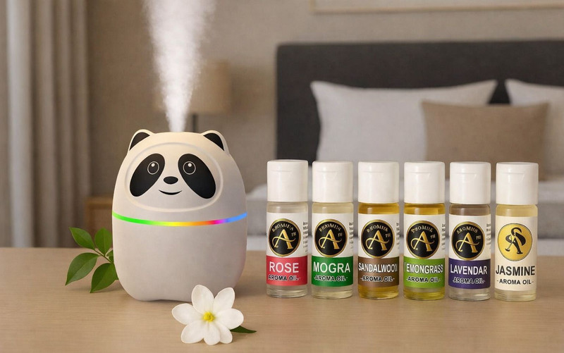 Soulful Senteur Room Panda Shape USB Aroma Diffuser with 7 Color LED Light & 6 Aroma Oils Set Humidifier