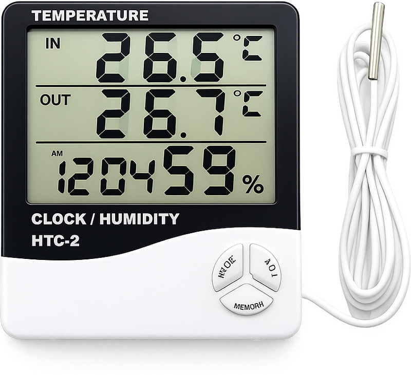 DigiMetrix HTC-2 Digital Thermometer Hygrometer Humidity Meter with Clock & LCD Display Hydrometer