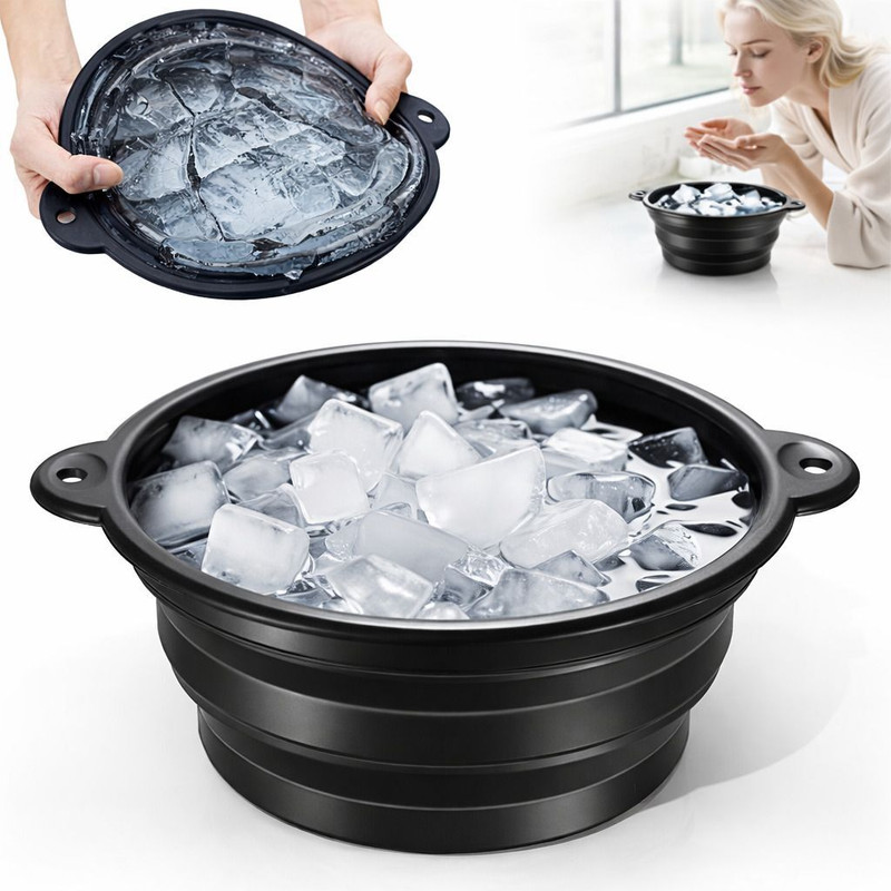 Mooues 1 L Silicone Face Ice Bath Bowl Silicone Foldable Facial Ice Therapy bowl Built-in Ice Tray Ice Bucket(Black)