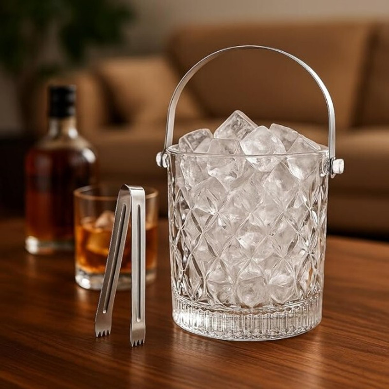 DealGuru 0.98 L Glass Glass Ice Bucket with Handle & Tong 980 ml – Diamond Cut Design Ice Cube Holder Ice Bucket(Clear)