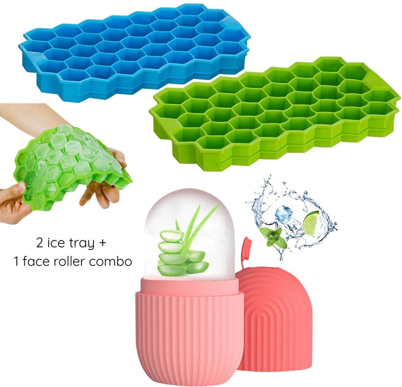 StreeYug 2 pack 37-Cavity Ice Tray Set + 1 Pink Ice Face Roller | Skincare & Kitchen Use Multicolor Silicone Ice Cube Tray(Pack of3)