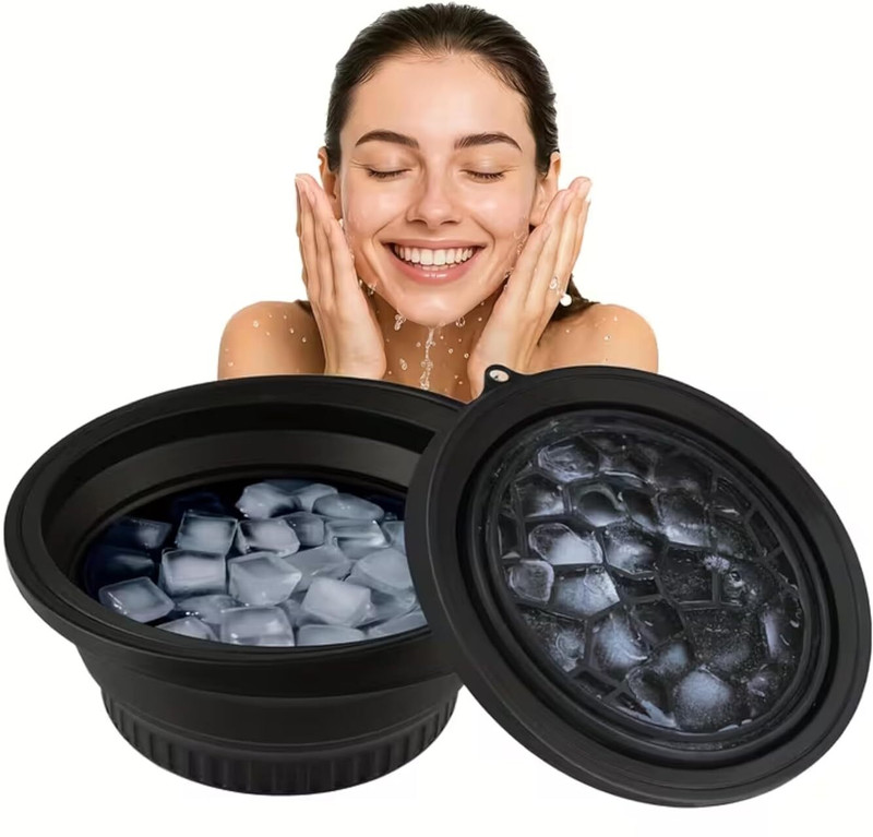 DR.VS Collapsible Ice Facial Bowl with Lid Black Silicone Ice Cube Tray(Pack of1)
