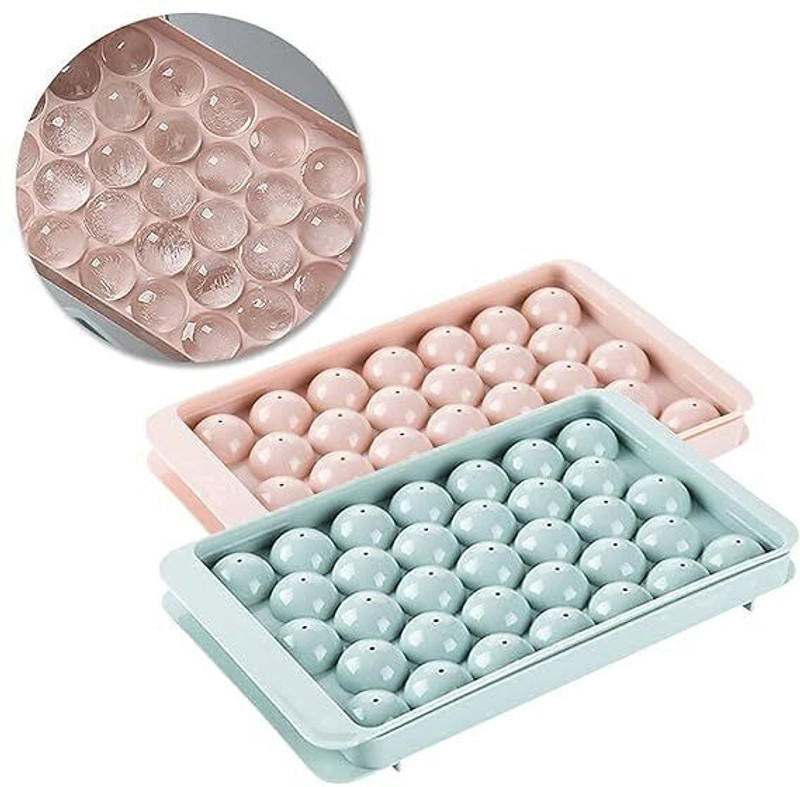 VSELL Reusable Plastic Flexible Round Ice Cube Trays, 33 Cavity Mini Round Ice Trays Pink, Blue Plastic Ice Ball Tray(Pack of1)