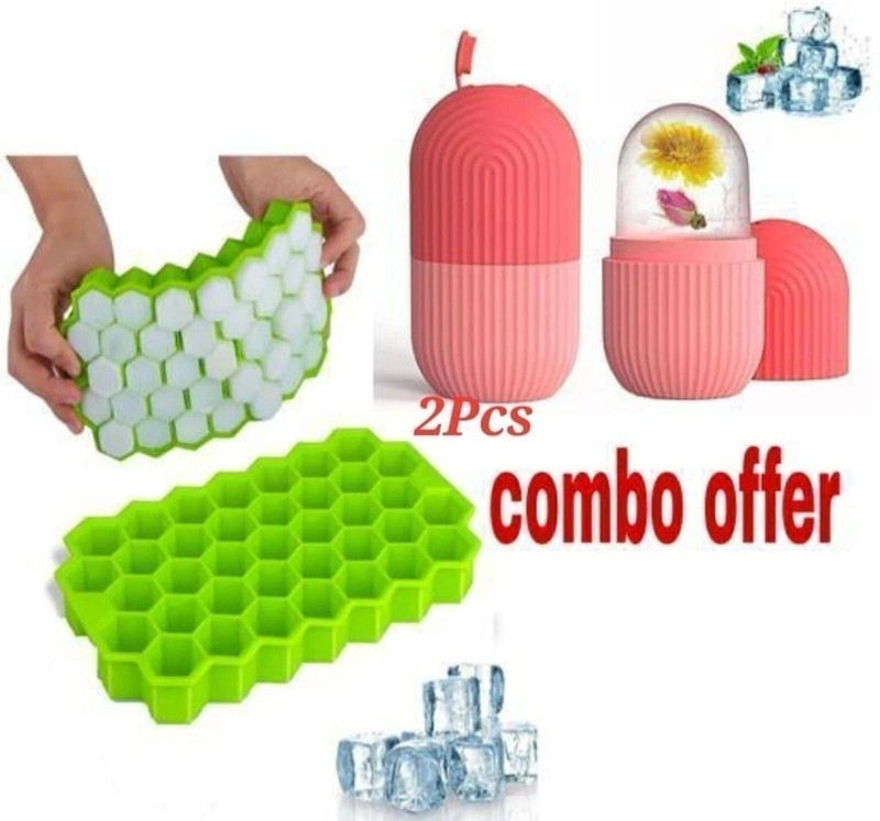 busaji enterprise 2 in 1 Ice Maker Combo Set with Hexagon Ice Cube Tray and Ice Ball Mold Bottle Green Silicone Ice Cube Tray(Pack of2)