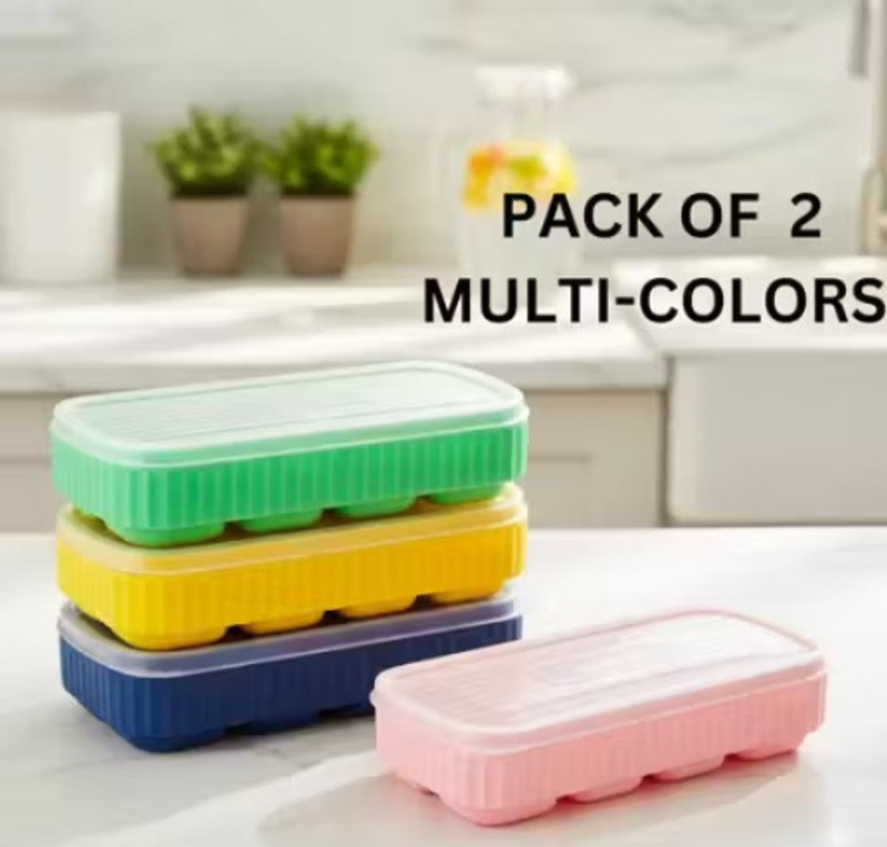 GITROX 2 PC Silicone Ice Cube Tray with Lid Cover 8-Cavity 2-Inch Square Ice Maker Yellow, Green Silicone Ice Cube Tray(Pack of-2)