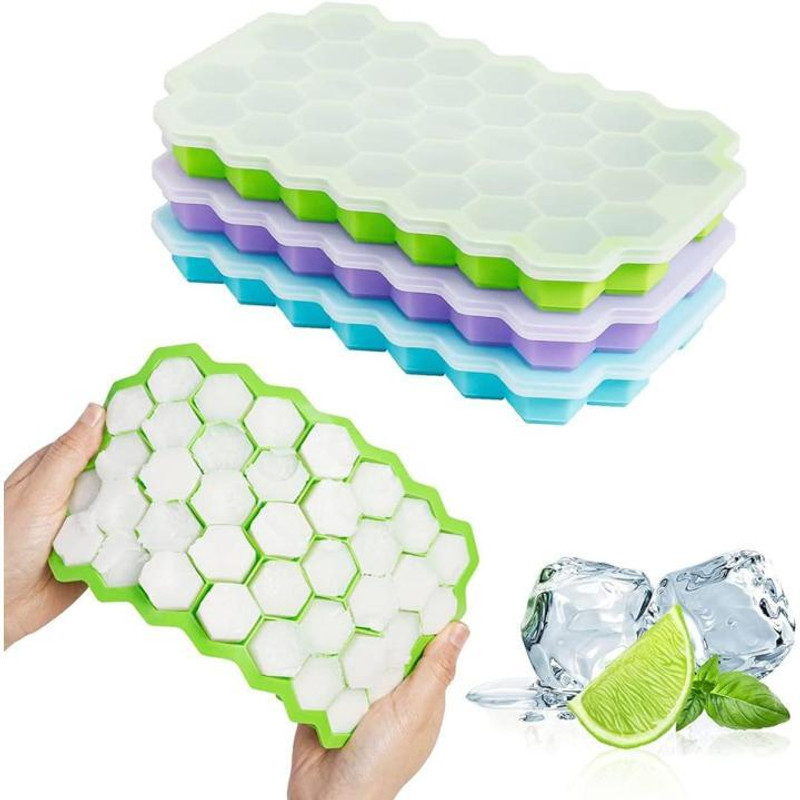 QOLAXA Honeycomb Ice Cube Tray with Spill-Resistant Lid Multicolor Silicone, Plastic Ice Cube Tray(Pack of2)